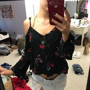 black floral open shoulder long sleeve